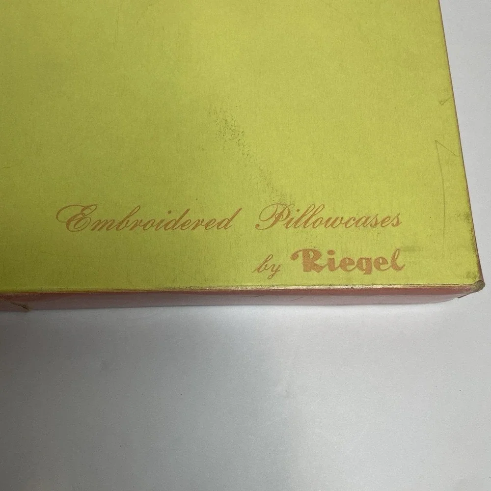 Vintage Pair of Riegel Pillowcases NOS in box embroidered with Yellow Ribbons